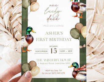 Mallard Duck 1st Birthday Invitation Boy: One Lucky Duck First Party Invite (Digital Download Template 5x7 inches)