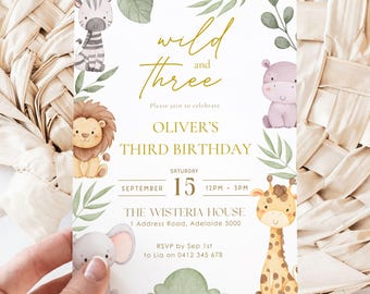 Safari Invitation, Wild and Three Birthday Invite, 3rd Birthday Party Invite, Jungle Party Invitation, Editable Canva Template, Third Invite