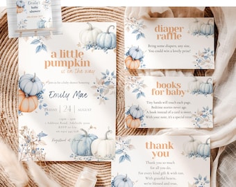 Può includere: Un set di cancelleria per baby shower che include un cartello di benvenuto, un invito, una carta per la riffa dei pannolini, una carta per i libri e un biglietto di ringraziamento. Ogni pezzo presenta illustrazioni di zucche blu, bianche e arancioni.