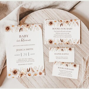 Boho Baby Shower Invitation Bundle – Wildflower Canva Template – Diaper Raffle Card, Books for Baby, Editable Printable Invite Set