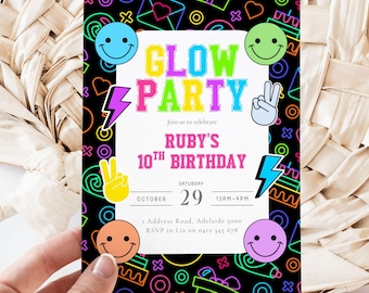 Neon Glow Party Birthday Invitation: Editable Canva Template (Digital Download)