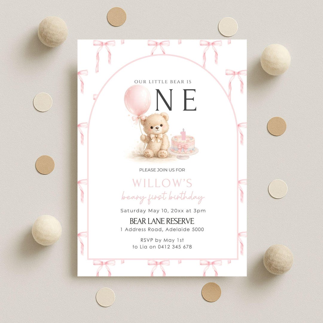 Teddy Bear 1st Birthday Invitation Girl, Editable Pink Beary First ...