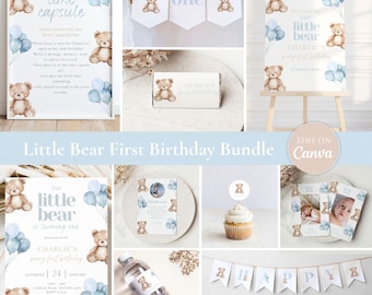 Blue Bear 1st Birthday Party Bundle: Editable Teddy Bear Decor (Digital Download)