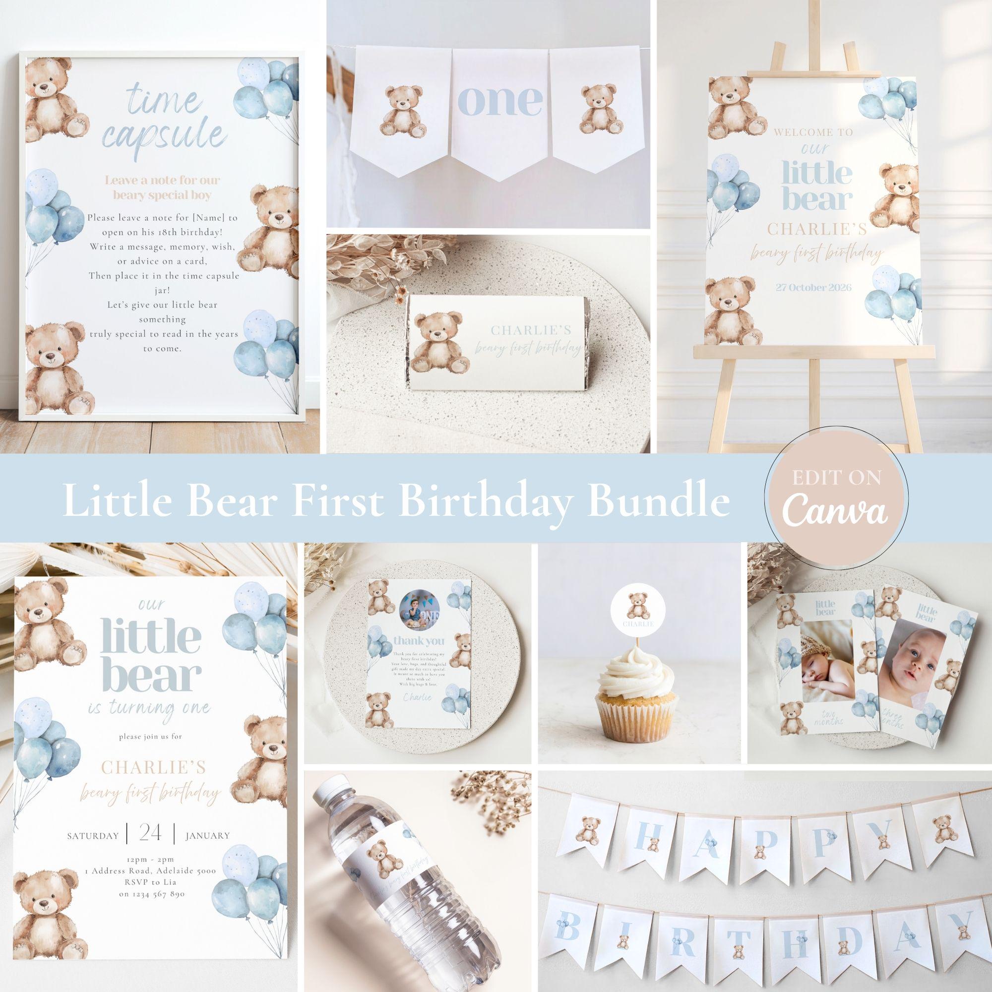 Blue Bear 1st Birthday Party Bundle: Editable Teddy Bear Decor (digital ...