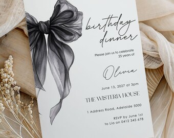Elegant Black Bow Birthday Dinner Invitation (Canva Template)