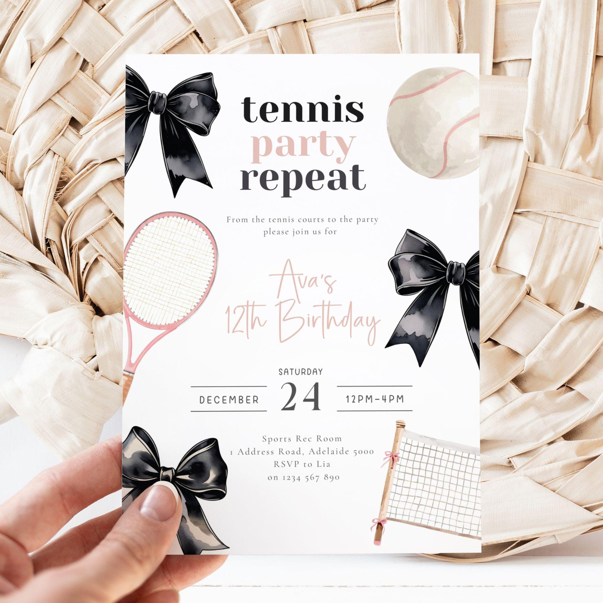 Tennis Birthday Invitation, Editable Canva Template, Teen Girl
