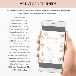 May include: A mobile phone screen shows a "thank you" card featuring a duck illustration and bow details. The card is part of a party planning set, including invitations, banners, and labels. The text "WHAT'S INCLUDED?" is at the top, with a list of items.