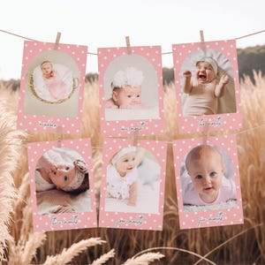 Bannière photo modifiable pour le premier anniversaire à pois roses | Guirlande Milestone pour bébé fille | Présentoir photo 12 mois | Modèle de toile