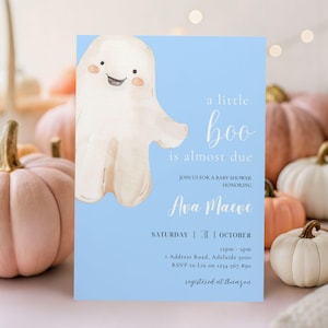 A Little Boo Is Due Boy Baby Shower Invitation, Blue Halloween Baby Shower Invite, Editable Fall Baby Shower Template, Ghost Baby Invite
