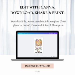 May include: A laptop displays a colorful graphic with the text "Let's make this your bright and bold!" and a smiling sun. The image also includes the text "EDIT WITH CANVA. DOWNLOAD, SHARE & PRINT."