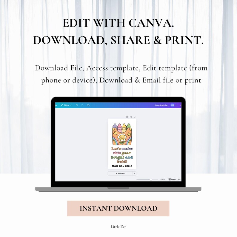 May include: A laptop displays a colorful graphic with the text "Let's make this your bright and bold!" and a smiling sun. The image also includes the text "EDIT WITH CANVA. DOWNLOAD, SHARE & PRINT."