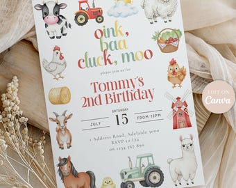 Farm Birthday Invitation: Watercolor Animals, Barnyard Party (Editable Canva Template)