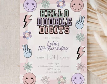 Bonjour, Faire-part d'anniversaire à deux chiffres, fille, 10e anniversaire, modèle Groovy 10e anniversaire, thème d'anniversaire BCBG, interpolation, 10e