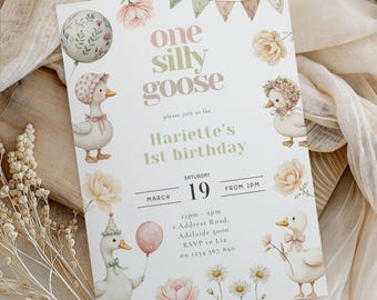 Floral Goose 1st Birthday Invitation: Pastel Farm Theme (Editable Canva Template)