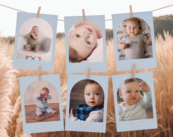 Blue Minimalist First Birthday Photo Banner: Baby Boy Milestone Garland (Canva Template)