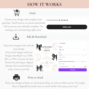 Peut inclure: Un mod&egrave;le de conception num&eacute;rique avec le texte "HOW IT WORKS" en haut. Les &eacute;tapes comprennent la commande, l'&eacute;dition et le t&eacute;l&eacute;chargement, ainsi que l'impression ou l'envoi. Le design pr&eacute;sente un th&egrave;me de f&ecirc;te de volley-ball avec des n&oelig;uds noirs et un graphique de volley-ball.