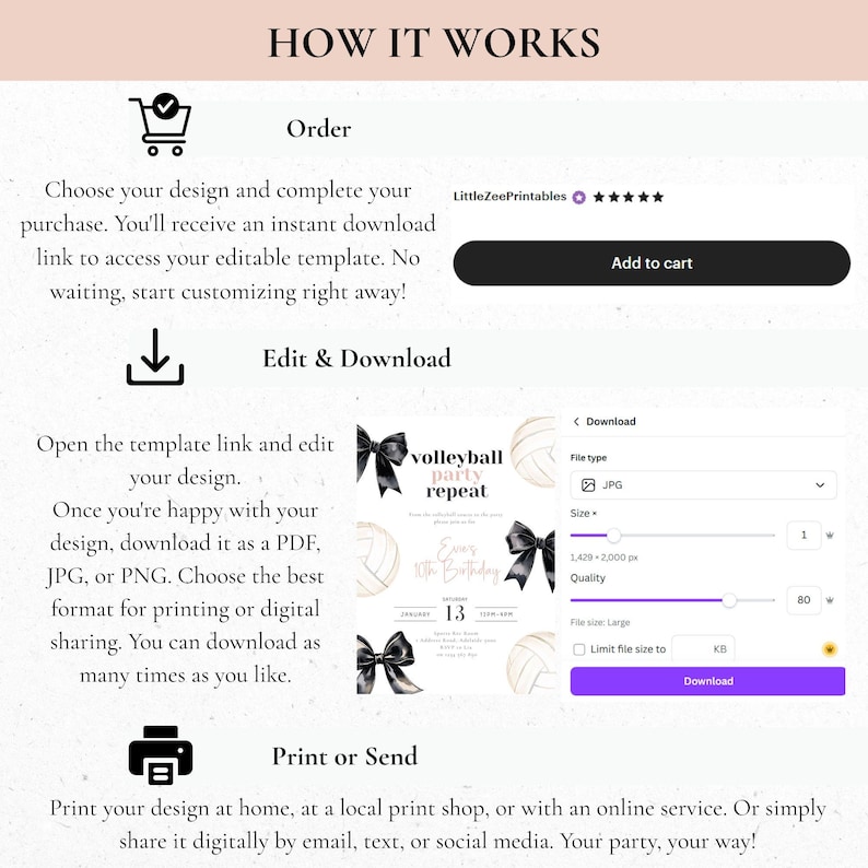 Peut inclure: Un mod&egrave;le de conception num&eacute;rique avec le texte "HOW IT WORKS" en haut. Les &eacute;tapes comprennent la commande, l'&eacute;dition et le t&eacute;l&eacute;chargement, ainsi que l'impression ou l'envoi. Le design pr&eacute;sente un th&egrave;me de f&ecirc;te de volley-ball avec des n&oelig;uds noirs et un graphique de volley-ball.