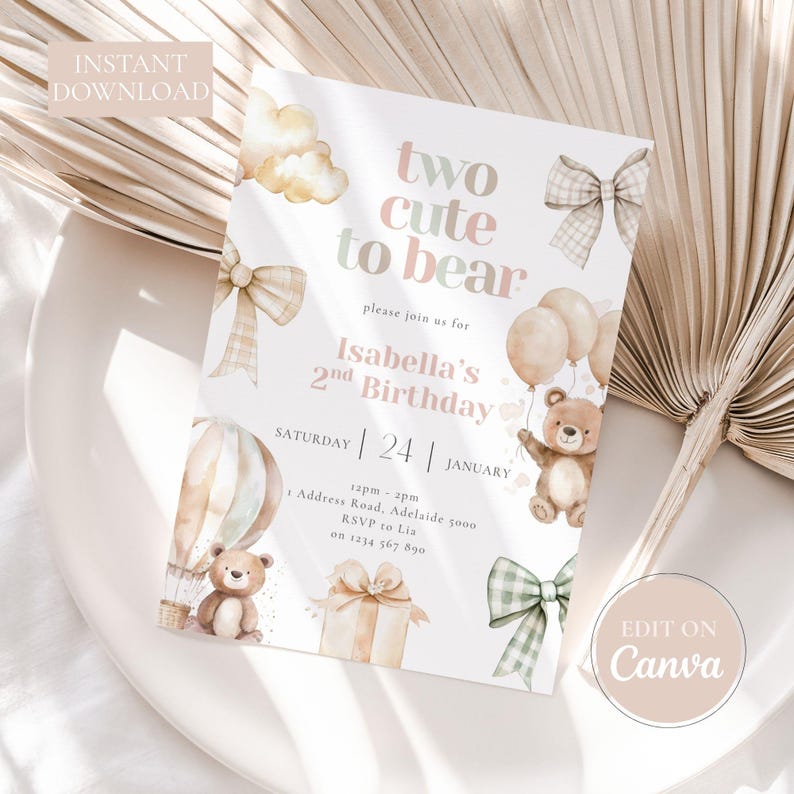 May include: A printable birthday invitation with a watercolor design. The invitation features the text "two cute to bear" and includes a teddy bear, balloons, and gift illustrations. The invitation is for Isabella's 2nd birthday.