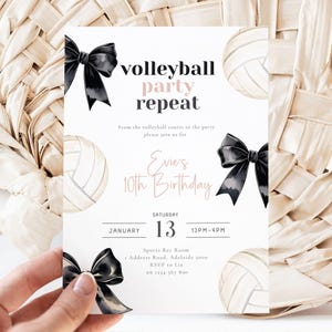Editable Volleyball Birthday Invitation Template featuring playful volleyball graphics and modern sporty fonts. Perfect for teen girls, kids, or team celebrations. Printable or digital 5x7 Canva invitation for volleyball-themed birthday parties, beach games, or team events. Fun and customizable sports design from LittleZee Printables.