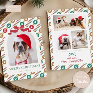 Op de afbeelding: Kerstkaarten met honden met kerstmutsen. E&eacute;n kaart heeft &eacute;&eacute;n hond, de andere heeft meerdere honden en een stel. De kaarten hebben een feestelijk ontwerp met pootafdrukken, strepen en de tekst "Merry Christmas".