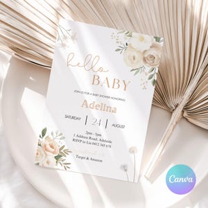 Editable Floral Baby Shower Invitation, Boho Baby Shower Canva Template, Neutral Baby Invite, Digital Download, Printable Invite