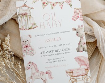 Pink Toile Baby Shower Invitation: Elegant Floral Template (Digital Download)