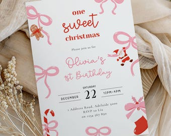 First Christmas Birthday Invitation: Editable Pink Bow Holiday Invite (5x7in Canva Digital Download)