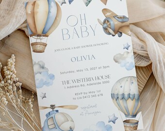 Blue Sky Baby Shower Invitation, Boy Baby Shower Invite, Editable Canva Template, Vintage Airplane Hot Air Balloon Theme