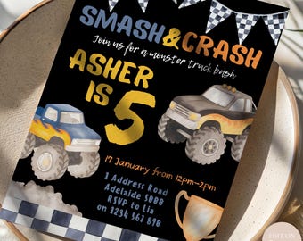 Monster Truck Birthday Invitation: Editable Boys Party Invite (5x7in Canva Digital Download)