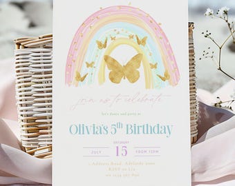 Rainbow Birthday Invitation Template: Pastel Colors, Editable in Canva (Digital Download)