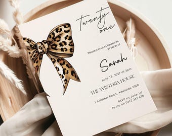 Bow Cheetah 21st Birthday Invitation: Editable Leopard Print Party Template (5x7in Canva Digital Download)