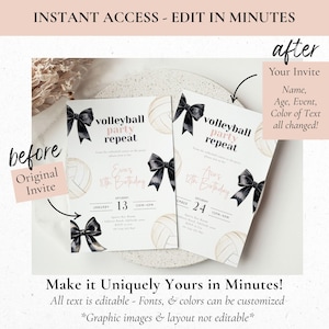 Peut inclure: Deux invitations de f&ecirc;te de volley-ball avec des n&oelig;uds noirs et des graphiques de volley-ball. Le texte indique "volleyball party repeat" et "Make it Uniquely Yours in Minutes !" Les invitations sont personnalisables.