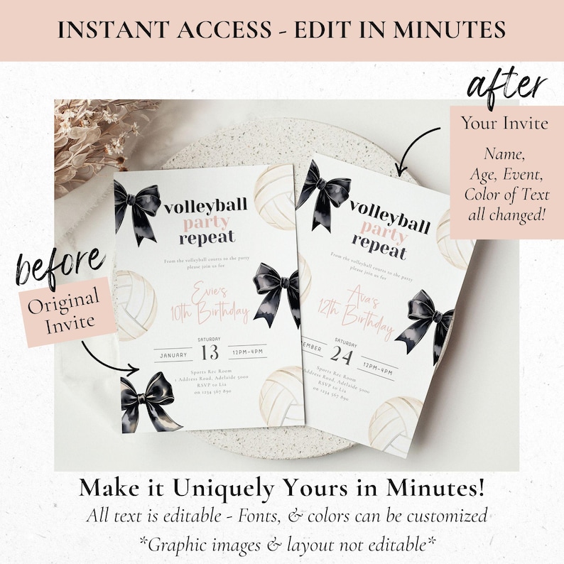Peut inclure: Deux invitations de f&ecirc;te de volley-ball avec des n&oelig;uds noirs et des graphiques de volley-ball. Le texte indique "volleyball party repeat" et "Make it Uniquely Yours in Minutes !" Les invitations sont personnalisables.