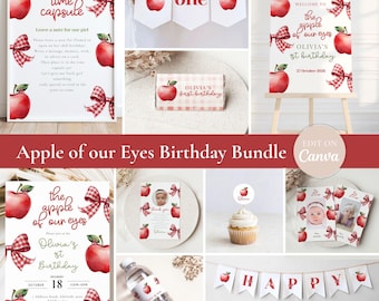Apple Birthday Invitation Bundle, First Birthday Party Template, Editable Canva Invite, Apple Birthday Party Decorations, Girl 1st Birthday