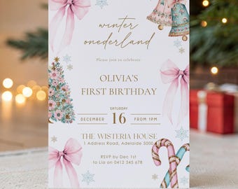 Winter Onederland Birthday Invitation | Pink Bow Christmas Birthday Invite | Editable Snowflake Party | Elegant Winter 1st Birthday Template