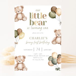 Our Little Bear is Turning One Invitation, Teddy Bear First Birthday Invite Boy, Beary First Birthday Party Theme, Cute 1st Birthday Invite