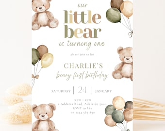 Our Little Bear is Turning One Invitation, Teddy Bear First Birthday Invite Boy, Beary First Birthday Party Theme, Cute 1st Birthday Invite