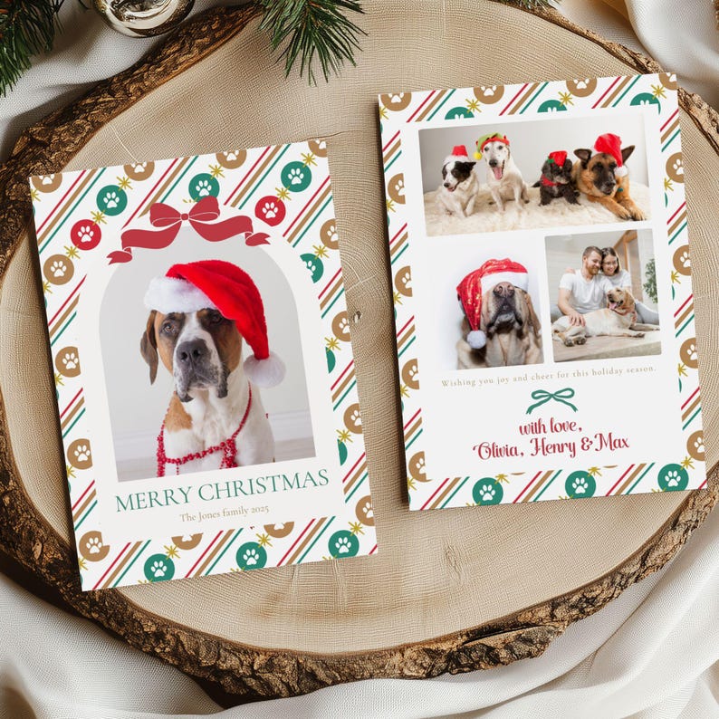 Celebrate the holidays with this Red & Green Paw Print Dog Christmas Photo Card Template - perfect for families and pet lovers alike! Featuring playful paw prints, candy cane stripes, and festive red bows, this editable Canva template makes it easy to personalize your own photos, names, and holiday message in minutes.

Create a joyful and heartwarming greeting that’s as unique as your furry family members — no design experience needed!