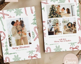 Hand Drawn Christmas Photo Card Template, Editable Holiday Card, Family Christmas Greeting Printable, Festive Holiday Photo Card