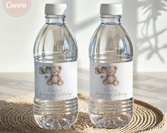 Teddy Bear First Birthday Water Bottle Labels (Editable Printable)