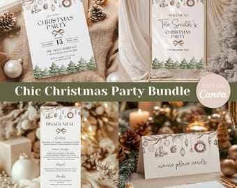 Rustic Christmas Party Bundle – Editable Holiday Dinner, Invitation, Welcome Sign, Menu & Place Cards, Printable Canva Download