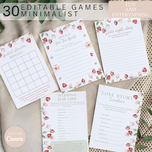 May include: A collection of printable game cards with strawberry and floral designs. The cards include games like bridal shower bingo, wedding mad libs, and date night ideas. The text "30 Editable Games Minimalist" is at the top.