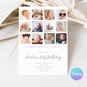 Minimalist First Birthday Invitation, Editable 1st Birthday Photo Invitation, 1st Birthday Invite with Photo, Canva template