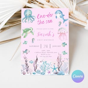 Pink Oneder the Sea 1st Birthday Invitation: Editable Canva Template (Digital Download)
