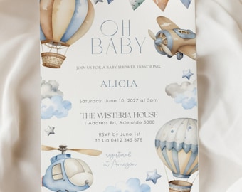 Convite para chá de bebê Blue Sky, convite para chá de bebê de menino, modelo editável do Canva, tema de balão de ar quente com avião vintage