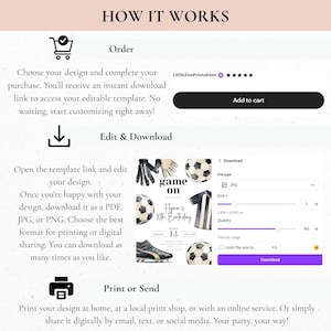 May include: A digital product template with instructions on how to order, edit, and download a design. The design features soccer-themed graphics, including a soccer ball, jersey, and cleats. The text includes "Game On" and "Flynn's 10th Birthday".