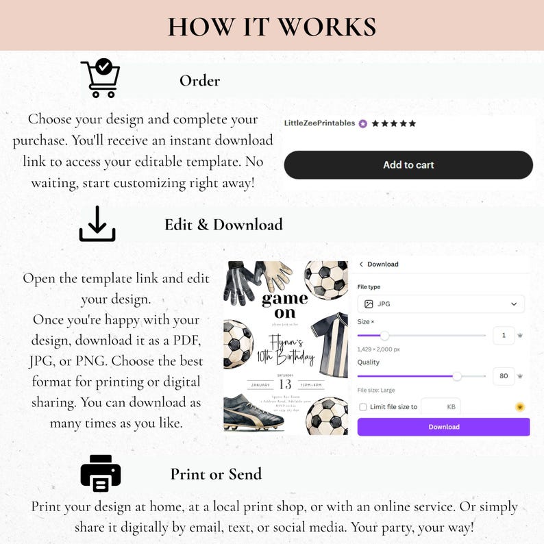May include: A digital product template with instructions on how to order, edit, and download a design. The design features soccer-themed graphics, including a soccer ball, jersey, and cleats. The text includes "Game On" and "Flynn's 10th Birthday".