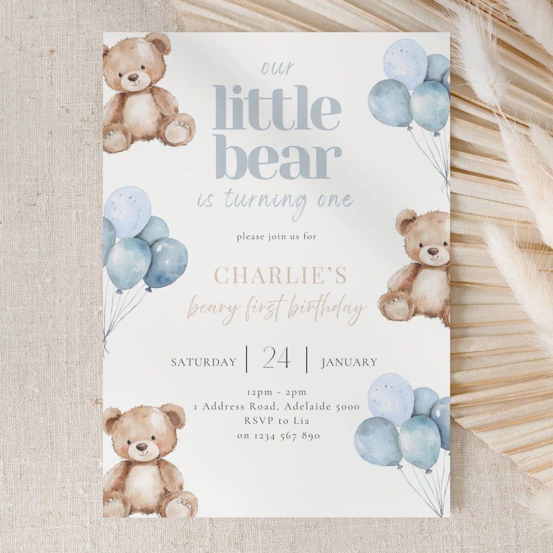 Teddy Bear 1st Birthday Invitation Boy, Editable Blue Beary First ...