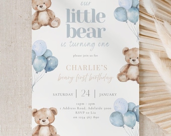Teddy Bear 1st Birthday Invitation Boy, Editable Blue Beary First Birthday, Cute Little Bear Invite, Printable First Birthday Template