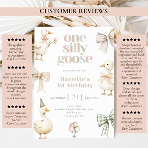 May include: A birthday invitation featuring the text "One Silly Goose" and "Hariette's 1st birthday." The design incorporates illustrations of geese, bows, and balloons. The invitation also includes the date, time, and location of the party.